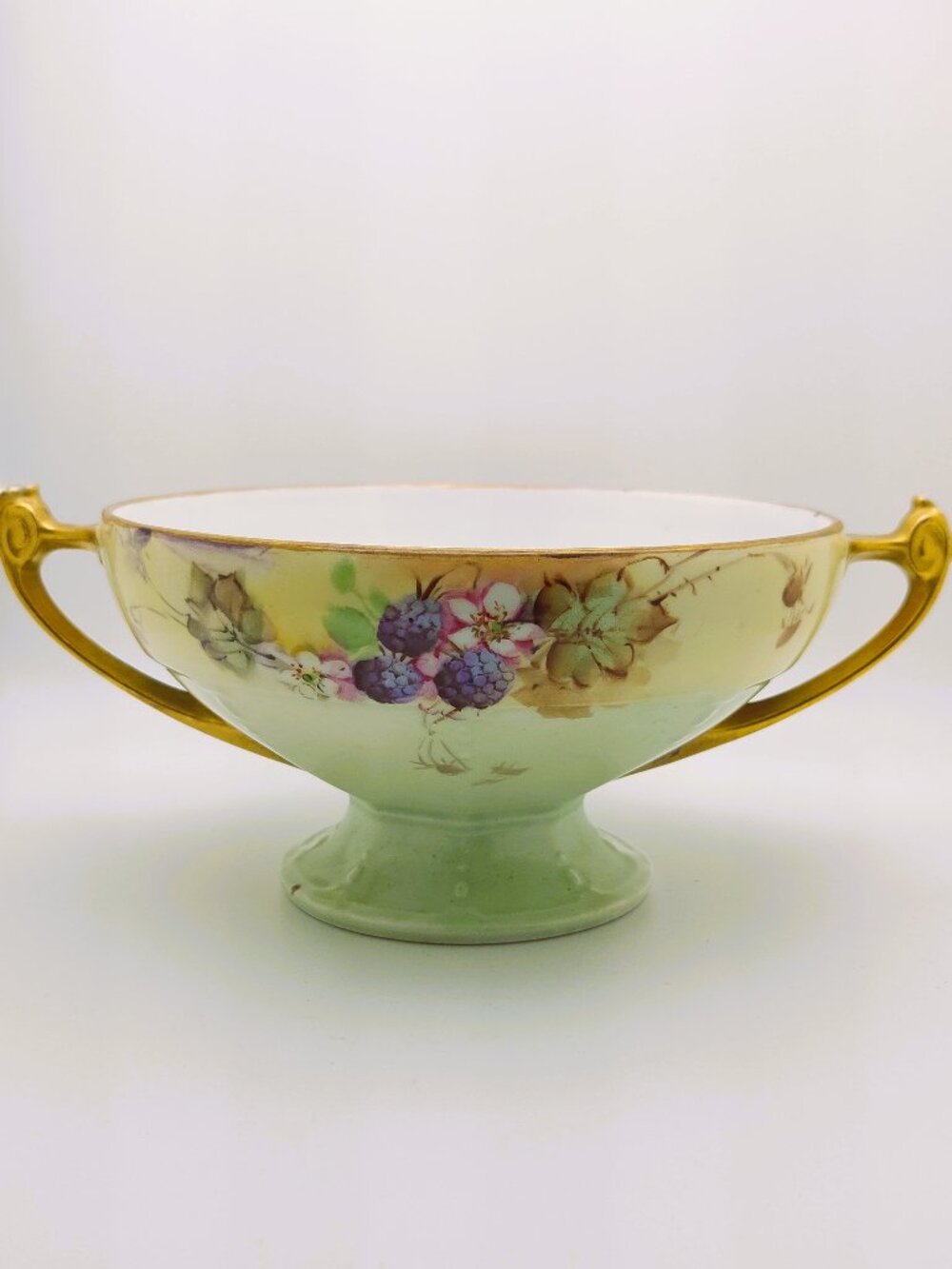 Antique MZ Austria Moritz Zdekauer Blackberry Floral Pedestal Bowl Gold Handles